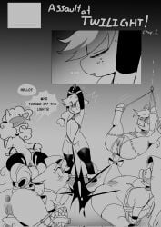 anus applejack_(mlp) armwear bdsm blindfold clothing comic dialogue english_text equid equine female feral fluttershy_(mlp) friendship_is_magic genitals greeting group hanging_by_arms hasbro hi_res horn horse legwear mammal muzzle_(object) my_little_pony mythological_creature mythological_equine mythology not_today_satan pegasus pinkie_pie_(mlp) pony rainbow_dash_(mlp) rarity_(mlp) restraints shocked spreader_bar stockings surprised tail text tied_to_chair unicorn vulva wings