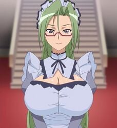 1girls bangs big_breasts blue_clothes breasts busty cleavage cleavage_cutout glasses green_hair hair_between_eyes hanyuu_mizuki huge_breasts jpeg large_breasts long_hair looking_at_viewer maid maid_headdress megane purple_eyes red-framed_glasses screencap screenshot semi-rimless_glasses smile third-party_edit under-rim_glasses upper_body vampire_(hentai_ova) vampire_(ova)