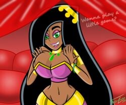 1girls 2011 alternate_skin_color armband big_breasts black_hair bracelets breast_squeeze breasts danny_phantom dark_skin desiree dialogue frozenzombie green_eyes half-closed_eyes jewelry large_breasts long_hair looking_at_viewer necklace nickelodeon