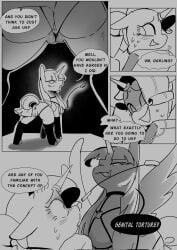 anus applejack_(mlp) armwear bdsm blush bodily_fluids clothing comic dominant dominant_female english_text equid equine female feral forced friendship_is_magic genitals group harness hasbro hi_res horn horn_jewelry horn_ring horse jewelry legwear magic mammal monochrome my_little_pony mythological_creature mythological_equine mythology not_today_satan pony rarity_(mlp) rear_view riding_crop ring_(jewelry) sweat sweatdrop tail text tongue tongue_out twilight_sparkle_(mlp) unicorn vulva whip winged_unicorn wings