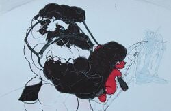 absurd_res alpecor anthro belt big_muscles big_penis bodily_fluids butt chest_tuft duo excessive_genital_fluids excessive_precum genital_fluids genitals hi_res huge_muscles huge_penis hyper hyper_genitalia hyper_muscles hyper_penis kiuhkobold larger_male lying male male/male muscular penis precum raliphoul raliphoul_m-e-v size_difference standing tuft vein veiny_penis