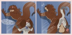 absurd_res against_surface al.ice anal anal_vore anthro balls big_balls brown_body butt comic duo english_text genitals hi_res male male/male mammal mustelid on_glass oral otter raised_tail rimming sex size_difference speech_bubble tail tanner_toshta text vore