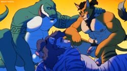 16:9 2022 abs anthro arm_tattoo balls bedroom_eyes brown_body brown_fur countershade_balls countershade_face countershade_genitalia countershade_torso countershading crocodile crocodilian crouching erection facial_hair fangs felid footprint fur genitals goatee green_body group hair hi_res humanoid_genitalia humanoid_penis lion lying male male/male male_anthro mammal mane markings musclegut muscular muscular_anthro muscular_male narrowed_eyes nipples nude nude_anthro on_back orange_body orange_fur pantherine pawprint pawprint_(marking) pecs penis pink_penis ponytail pubes reptile sabertooth_(anatomy) scalie seductive simple_background sinibun_95 slightly_chubby slightly_chubby_anthro slightly_chubby_male smile striped_body striped_fur stripes tail tan_body tan_fur tan_penis tattoo teeth torfi trio white_body widescreen yellow_background