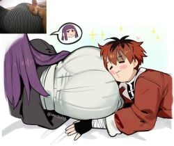 1boy 1girl :3 =_= artist_name ass ass_focus bandaged_arm bandages black_coat black_gloves black_tunic blunt_bangs blush_stickers coat commentary dress english_commentary face_in_ass face_in_butt fern_(sousou_no_frieren) gloves head_on_ass jacket long_hair long_sleeves photo-referenced purple_eyes purple_hair red_jacket reference_inset resting_on_partner short_hair simple_background sousou_no_frieren speech_bubble spoken_character stark_(sousou_no_frieren) tunic twitter_username v-shaped_eyebrows white_background white_dress