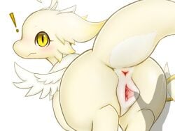 2026 4:3 anus back_wings cheek_tuft clitoral_hood digital_drawing_(artwork) digital_media_(artwork) dragon exclamation_point facial_tuft feathered_wings feathers female female_feral feral fur fur_tuft furred_dragon furred_scalie genitals hi_res inner_labia k-dra61 light_blush looking_at_viewer looking_back looking_back_at_viewer mel_(k-dra61) monotone_body monotone_fur mythological_creature mythological_scalie mythology pupils quadruped rear_view scalie shaded simple_background slit_pupils soft_shading solo spread_vulva spreading tuft urethra vulva white_background wings yellow_body yellow_eyes yellow_fur