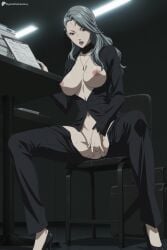 1girl ai_generated black_footwear breasts breasts_out brown_eyes censored chair digitalwaifugallery female_masturbation formal grey_hair hi_res high_heels high_quality high_resolution indoors jacket jewelry large_breasts lipstick long_hair makeup masturbation mole mole_under_mouth mosaic_censoring necklace nipples no_bra no_panties open_clothes open_mouth pants patreon persona pussy pussy_juice red_lips sae_niijima seductive sexy sitting solo spread_legs suit sweat uncensored watermark