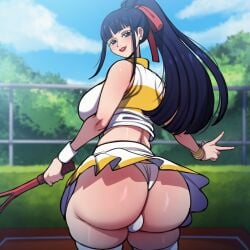 ai_generated ass ass_focus black_eyes black_hair blue_eyes blush breasts bubble_butt bulge cloud crop_top curvy day femboy from_behind hair_ribbon holding huge_ass kikunojo kikunojo_(one_piece) large_breasts lipstick long_hair looking_at_viewer looking_back makeup male male_only novelai okiku one_piece otoko_no_ko outdoors panties ponytail racket red_lips red_ribbon ribbon skirt sky smile solo sportswear tennis_racket tennis_uniform thick_thighs thighhighs thighs thong tree underwear v white_panties white_skirt white_thighhighs wristband