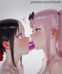 2girls ai_generated artist_name bare_shoulders black_bow black_hair blue_eyes blunt_bangs blush bow breasts censored cleavage close-up collarbone completely_nude constricted_pupils dildo dildo_in_mouth dominant_female domination double_dildo drooling ear_blush eye_contact eyelashes fahreit fanbox_username fellatio folded_ponytail from_side fujiwara_chika gradient_background grey_background hair_bow hair_ornament hair_ribbon half-closed_eyes kaguya-sama_wa_kokurasetai_~tensai-tachi_no_renai_zunousen~ large_breasts lips long_hair looking_at_another mascara medium_breasts multiple_girls nose nose_blush nude object_insertion open_mouth oral parted_bangs patreon patreon_username pink_hair pink_lips profile red_bow red_eyes red_ribbon ribbon saliva saliva_drip saliva_trail sex_toy shared_object_insertion shinomiya_kaguya shiny_skin short_hair shuuchiin_academy_school_uniform sidelocks simple_background simulated_fellatio small_breasts stable_diffusion submissive submissive_female surprised sweat tongue tongue_out twintails upper_body vaginal_object_insertion very_sweaty wet white_background wide-eyed yuri