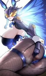 1girl 1girls ai_generated armored_gloves ass ass_focus black_fishnet_legwear black_fishnet_stockings black_stockings blue_hair blue_leotard breasts bunny_ears bunnysuit butterfly cameltoe covered_eyes curvy curvy_female curvy_figure digimon digimon_(species) digimon_story digimon_story:_cyber_sleuth digimon_story:_cyber_sleuth_hacker's_memory fake_rabbit_ears female female_focus female_only fishnet_legwear fishnet_stockings fishnets helmet helmet_with_visor hudiemon huge_breasts leotard looking_at_viewer open_mouth playboy_bunny presenting presenting_pussy pussy shoulder_armor solo solo_female solo_focus spread_ass spreading thick_thighs thighhighs thighs white_collar wide_hips wide_thighs wrist_cuffs