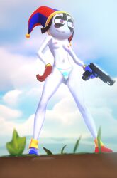3d 3d_(artwork) amazing_digital_circus clown_girl digital_circus exhibitionism exhibitionist fortnite fortnite:_battle_royale gun height nsfw panties pistol_in_hand pomni pomni_(beach_outfit) pomni_(tadc) pomni_(the_amazing_digital_circus) semi_naked semi_nude smiley_face smiling topless topless_female
