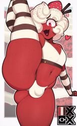 1boy 1femboy 2026 2d 2d_(artwork) arm_warmers armwarmers artist_logo ass_visible_through_thighs bulge bulge_under_clothes clothed clothing color colored digital_drawing_(artwork) digital_media_(artwork) femboy femboy_only hair_over_one_eye heart heart_symbol igxxiii looking_at_viewer male male_only one_leg_up open_smile original original_character partially_clothed raised_leg red_body red_eye red_skin red_velvet_cake solo solo_femboy solo_male strawberry striped_arm_warmers striped_thigh_highs striped_thighhighs thick_thighs thigh_highs thighhighs thighs thong underwear vertical_splits watermark white_clothes white_clothing white_hair white_thong