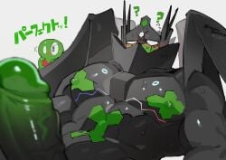 1boy 1other ? abs absurdres artist_name bara blush english_commentary erection facing_down hideo_(yata_shoshinsha) highres looking_at_penis male_focus muscular muscular_male nipples pectorals penis pokemon pokemon_(creature) signature sweat translated twitter_username white_background zygarde zygarde_(complete) zygarde_core