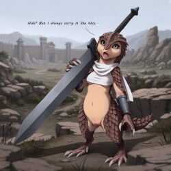 2026 3wolfmondaisdg_(model) ai_generated anthro armor big_claws black_sclera bottomless bracers breasts chest_wraps claws clothed clothing depth_of_field detailed_background dialogue director_name duo english_text eyelashes fantasy female female_anthro furry genitals grey_eyes hi_res looking_at_viewer looking_up mammal medieval melee_weapon mostly_nude mostly_nude_female mountain open_mouth outside pangolin pussy scarf short_female shortstack sword tagme talking_to_viewer terraraptor text under_boob weapon world_of_midria wraps