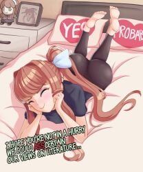 doki_doki_literature_club looking_at_viewer monika_(doki_doki_literature_club) moritaris on_bed yes-no_pillow