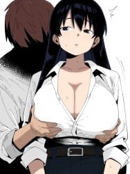 1boy 1girls arato_nagi belt belt_buckle big_breasts breasts color color_edit colored colored_sketch colorization colorized colorized_edit colorshun cowboy_shot dot_nose female female_focus henyaan_(oreizm) long_hair male male/female ruri_no_houseki short_hair