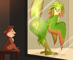 2026 animal_genitalia anthro beak behind_glass blue_eyes blush blush_lines brown_body brown_fur cloaca duo egg fangs feathers female fur furniture genitals green_body green_eyes green_feathers half-closed_eyes hi_res ivy_(swapped) javan_(species) lonbluewolf male multicolored_body multicolored_fur narrowed_eyes netflix ollie_(swapped) open_mouth oviposition pheasant_on_the_glass pookoo size_difference skydance_animation stool swapped_(movie) tan_body tan_fur teeth tongue toothy_smile two_tone_body two_tone_fur