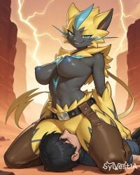 ai_generated ai_slop anthro blue_eyes breasts canyon desert facesittin female lightning lightning_bolt looking_at_viewer nipples outdoors perky_breasts pokemon pussy pussy_juice rock_formation sex smile sweat sylvestia tail vaginal zeraora