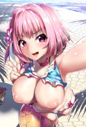 ahoge areolae ayagi_daifuku bangs bikini_lift blue_hair blue_sky blush breasts choker collarbone day eyebrows_visible_through_hair female hair_intakes idolmaster idolmaster_cinderella_girls innertube large_breasts looking_at_viewer multicolored_hair nipples oerba_yun_fang open_mouth outdoors pink_eyes pink_hair self_shot short_hair sidelocks sky smile solo two-tone_hair v yumemi_riamu