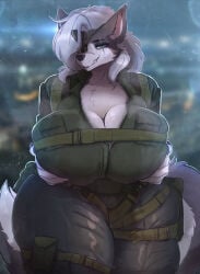 animal_ears anthro ardail big_breasts biped bottomwear breasts canid canine canis cleavage clothed clothing crossgender eye_patch eyewear female fluffy fluffy_tail fur green_clothing grey_body grey_hair hair hi_res holding_breast huge_breasts konami looking_at_viewer mammal metal_gear mtf_crossgender nintendo pants pupils scar smile solo star_fox tail thick_thighs venom_snake wolf wolf_o'donnell