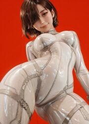 1girls ai_generated bodysuit brown_eyes brown_hair clothed evie_(stellar_blade) k112 latex petite pinup shift_up short_hair skin_tight slim_waist smile solo_focus stellar_blade stellar_blade:_blood_rain