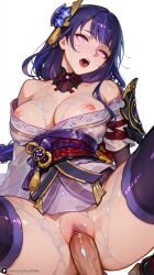 1boy 1girl ahegao ai_generated armor artist_name bangs bare_shoulders blush braid breasts cleavage clitoris explicit flower genshin_impact girl_on_top hair_ornament hetero japanese_clothes kimono large_breasts long_hair mihoyo mole mole_under_eye nipples obi obiage obijime off_shoulder open_mouth patreon penis purple_eyes purple_flower purple_hair purple_kimono pussy pussy_juice raiden_shogun ribbon rolling_eyes saliva sash sex shiny shiny_skin shoulder_armor simple_background solo_focus spread_legs straddling thighhighs thighs tomoe_(symbol) tongue tongue_out uncensored vaginal veins veiny_penis white_background