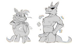 2026 accessory anthro balls belly big_balls biped blush boss_(twende) bunnbnui canid canine canis clothed clothing clothing_lift crossdressing crossdressing_(mtf) crossdressing_male duo erection femboy gay gay_anal genitals hi_res homosexual homosexual_male humanoid_genitalia humanoid_hands humanoid_penis hyena male male_focus male_only male_penetrated male_penetrating mammal necktie nipples penis shirt shirt_lift simple_background slightly_chubby standing topwear twende_(series) white_background wolf