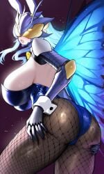 1girl 1girls ai_generated armored_gloves ass ass_focus black_fishnet_legwear black_fishnet_stockings black_stockings blue_hair blue_leotard breasts bunny_ears bunnysuit butterfly cleavage covered_eyes curvy curvy_female curvy_figure digimon digimon_(species) digimon_story digimon_story:_cyber_sleuth digimon_story:_cyber_sleuth_hacker's_memory fake_rabbit_ears female female_focus female_only fishnet_legwear fishnet_stockings fishnets helmet helmet_with_visor hudiemon huge_breasts leotard looking_at_viewer open_mouth playboy_bunny shoulder_armor solo solo_female solo_focus thick_thighs thighhighs thighs white_collar wide_hips wide_thighs wrist_cuffs