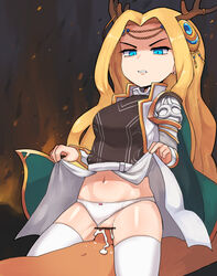 absurdres angry antlers bar_censor blonde_hair blue_eyes breasts censored circlet clothes_lift cowgirl_position cum cum_in_pussy cygnus_(maplestory) earrings female hair_intakes hair_ornament highres interracial jewelry lifted_by_self lkll long_hair maplestory medium_breasts navel panties panties_aside penis pointless_censoring pussy sex shoulder_pads solo_focus thighhighs underwear v-shaped_eyebrows vaginal_penetration vambraces very_long_hair white_legwear white_panties