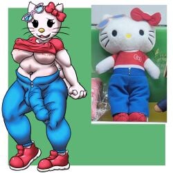 1:1 anthro big_penis bodily_fluids bottomwear bow_ribbon breasts clothing domestic_cat dripping erection erection_under_clothing eyewear eyewear_on_head felid feline felis genital_fluids genitals gynomorph hello_kitty_(character) hello_kitty_(series) hi_res huge_penis intersex korncob leaking_precum mammal nipple_slip nipples overweight pants penis precum precum_drip sanrio sunglasses sunglasses_on_head wearing_sunglasses