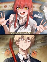 1boy 1girls ass big_breasts blonde_hair breasts chainsaw_man clothed clothed_female clothed_male clothing color crying crying_with_eyes_open defeated defeated_villainess denji_(chainsaw_man) dialogue dominant_male english_text female female_focus femsub hands_up hetero higashiyama_kobeni human indoors light_skin looking_at_partner looking_down lost_media makima_(chainsaw_man) male maledom meme non-monetary_prostitution offering offering_to_another on_floor on_ground open_eyes open_mouth pochita_(chainsaw_man) prostitution red_eyes red_hair scene_reference straight submissive_female text vlizz yellow_eyes