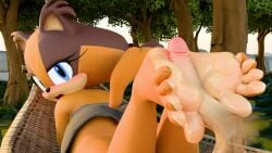 16:9 3d_(artwork) 4k absurd_res anthro badger biped blue_eyes brown_body butt clothed clothing detailed_background digital_media_(artwork) eyelashes feet female foot_fetish foot_focus foot_play footjob genitals hi_res looking_back lying male male/female mammal mustelid musteline on_front outside penis plant pupils sega sex soles sonic_boom sonic_the_hedgehog_(series) sticks_the_jungle_badger toes tree twintails3d widescreen
