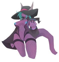 2026 5_fingers absurd_res anthro breasts clothing corablue digital_media_(artwork) dragon female fingers fishnet_clothing fishnet_legwear green_hair hair hat headgear headwear hi_res legwear magic mythological_creature mythological_scalie mythology navel nipples purple_body scalie simple_background smile solo tail white_background witch_hat