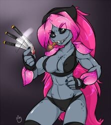 abs alien alien_girl alien_only barely_contained_breasts barely_visible_nipples big_eyes black_eyes blood_on_knife breasts cigar floran grey_body knife knife_play looking_at_viewer muscular_female nipples pink_pseudo_hair plant_girl pseudo_hair smoking smoking_cigar starbound tagme tagme_(artist) throwing_knife