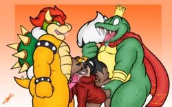 2019 anal anal_sex anthro bara benji benjipaws blush bowser cape clothing crocodile crocodilian crocodylid crossover crown domestic_ferret donkey_kong_(series) fellatio from_behind_(disambiguation) furry group group_sex hi_res hoodie humanoid_penis interspecies jewelry k_rool koopa licking male male_only male_penetrated mammal mario_(series) mustela mustelid musteline nintendo oral penetration penile penis petting reptile scalie sex slightly_chubby spikes spitroast threesome tongue tongue_out topwear turtle video_games