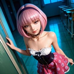 ai_generated classroom corset dress from_above lazytown petite petite_female pink_hair short_hair stephanie_meanswell teasing