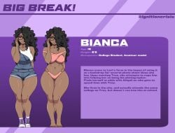 1girls 2d 2d_(artwork) bianca_(ignitioncrisis) black_hair bra breasts brown_hair character_sheet child_bearing_hips clothing dark-skinned_female english_text glasses hips ichan large_breasts navel panties simple_background text thick_thighs thighs wide_hips