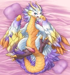 2019 absurd_res bed cygames dragalia_lost dragon erection feathers feral hi_res high_jupiter horn jupiter_(dragalia_lost) lying male mythil_flower nintendo nude penis solo tongue video_games wings