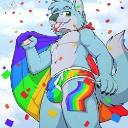1:1 2026 absurd_res anthro balls_outline biped blep blue_body blue_ears blue_fur blue_hair blue_tail bulge canid canine canis cape clothed clothing colored_seam_underwear confetti detailed_bulge dipstick_tail donovan_dmc eyebrows fangs flag flag_(object) fur gaokun gay gay_anal genital_outline green_eyes green_nose grey_body grey_eyebrows grey_fur grey_tail hair hi_res homosexual homosexual_male lgbt_pride looking_at_viewer male male_focus male_only male_penetrated male_penetrating mammal markings monotone_hair multicolored_body multicolored_cape multicolored_clothing multicolored_fur multicolored_underwear pawpads pink_pawpads pride_colors rainbow_cape rainbow_clothing rainbow_flag rainbow_pride_flag rainbow_symbol rainbow_underwear solo tail tail_markings teeth tongue tongue_out two_tone_body two_tone_fur two_tone_tail underwear underwear_only watermark white_seam_underwear wolf