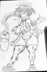 1girls 2d artist_request artist_signature bikini bucket cow_girl cowbell cowgirl elbow_gloves female filia_(skullgirls) milf navel samson_(skullgirls) skullgirls tagme thick_thighs thighhighs thighs traditional_art