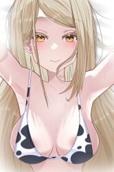 armpits arms_up big_boobs big_breasts bikini bikini_top blonde blonde_female blonde_hair blue_archive blush blushing blushing_at_viewer blushing_female bust cow_print_bikini female female_focus female_only hakucho293 high_quality high_resolution highres jpeg light_skin long_hair looking_at_viewer lying_on_back lying_on_bed nipple_outline orange_eyes pov shinosawa_hiro small_bikini sweat sweating