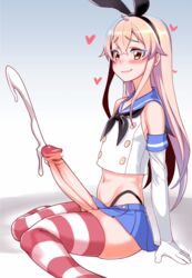 1boy big_penis blonde_hair blush censored cum cumshot ejaculation erection femboy girly hands-free handsfree_ejaculation huge_cock hung_trap kantai_collection long_penis looking_at_viewer loopingwing male male_only penis ruined_orgasm rule_63 shimakaze_(kantai_collection) sitting solo thighhighs trap yaoi