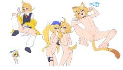 ahoge blonde_hair blue_eyes blush cat_ears cat_tail cellphone dokibird dokibird_(bounty_hunter) dokibird_(dokitty) dokibird_(retro_doki) dokibird_(school_outfit) green_eyes looking_at_viewer panties_around_one_leg rubbing_pussy small_breasts