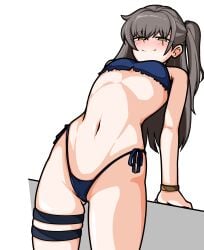 1girls blush brown_hair closed_mouth dhktkql23 feet_out_of_frame female female_only flat_chest girls'_frontline girls'_frontline_2:_exilium leva_(girls'_frontline_2) long_hair looking_at_viewer navel panties scar scar_on_face side_ponytail small_breasts smile tubetop ump45_(girls'_frontline) yellow_eyes