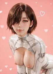 1girls ai_generated bent_over bodysuit breasts breasts_out brown_hair clothed evie_(stellar_blade) k112 perky_breasts perky_nipples revealing_clothes shift_up short_hair smile stellar_blade stellar_blade:_blood_rain