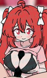 1girls animation_meme_community big_breast big_breasts black_bra black_underwear bonzomcbonbon boobjob breasts censored censored_penis crop_top female heart-shaped_pupils ketchup_(bonzomcbonbon) light-skinned_female light_skin nipples nude nude_female paizuri pink_shirt red_eyes red_hair tagme twintails youtube