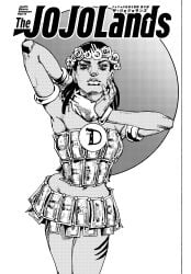 arm_up armlet armpit armpit_fetish banknote black_hair bracelets brooch crossdressing crossdressing_(mtf) crossdressing_male dark-skinned_male dark_skin dollar_bills dragona_joestar flower_wreath gynomorph hand_behind_head hand_on_face head_wreath hirohiko_araki jewelry jojo's_bizarre_adventure jojo_no_kimyou_na_bouken long_hair looking_at_viewer male male_focus male_only money pendant pose posing posing_for_the_viewer shemale skirt solo solo_female solo_focus standing strapless tattoo the_jojolands