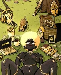1girl absurdres afro animal_skull armadillo blonde_hair breasts cake computer cup dark-skinned_female dark_skin earrings food gold_choker grabbing_own_breast grass hansoom_(latebirdwakeup) highres jewelry korean_commentary laptop looking_up lying m_legs manga_(object) mask mug multiple_earrings navel nude on_back on_blanket open_mouth original outdoors picnic_basket radio smile solo spread_legs tablet_pc tree very_dark_skin