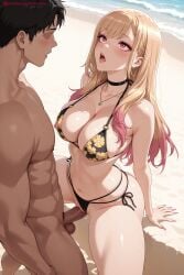 1boy 1girl ai_generated bangs beach bikini bikini_aside black_bikini black_choker blonde_hair blush breasts censored choker cleavage clothed_female_nude_male dark_skin day earrings gyaru hetero hi_res high_quality high_resolution jewelry kiraamane large_breasts leopard_print long_hair looking_at_another marin_kitagawa my_dress_up_darling nail_polish navel necklace open_mouth outdoors patreon penis pussy sand seductive sex sexy side-tie_bikini sweat swimsuit testicles uncensored vaginal watermark