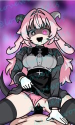 1boy 1girl absurdres animal_ears bell bell_bow black_bow black_dress blush bow breasts breasts_out censored cowgirl_position dress femme_soule girl_on_top gloves goat_ears goat_horns grey_dress hair_intakes hetero heterochromia highres horns large_breasts long_hair long_sleeves looking_at_viewer nipples open_mouth pink_eyes pink_hair pink_panties pink_underwear pukey_goddess_shot_trick pussy sex smile solo spread_legs straddling two-tone_dress vaginal vaginal_penetration white_gloves