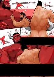 2_horns abs beard comic demon dialogue dopq duo english_text facial_hair fangs gay gay_male hi_res horn human humanoid male male/male mammal muscular muscular_humanoid muscular_male mustache nipples not_furry nude pecs red_body red_skin sex size_difference teeth text yaoi